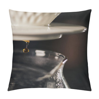 Personality  V-60 Style Espresso, Close Up View Of Pour-over Coffee Dripping From Ceramic Dripper Into Glass Pot Pillow Covers