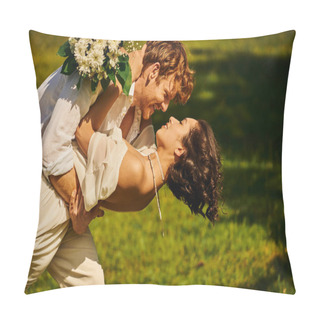Personality  Side View Of Redhead Man  Embracing Elegant Asian Bride With Bouquet On Green Meadow, Rural Wedding Pillow Covers