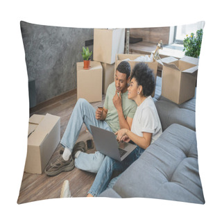 Personality  African American Woman Talking To Pensive Boyfriend During Online Shopping Near Boxes In New House Pillow Covers