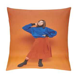 Personality  Pensive Young Woman With Pierced Nose Standing In Autumn Attire With Hand On Hip On Orange Backdrop Pillow Covers