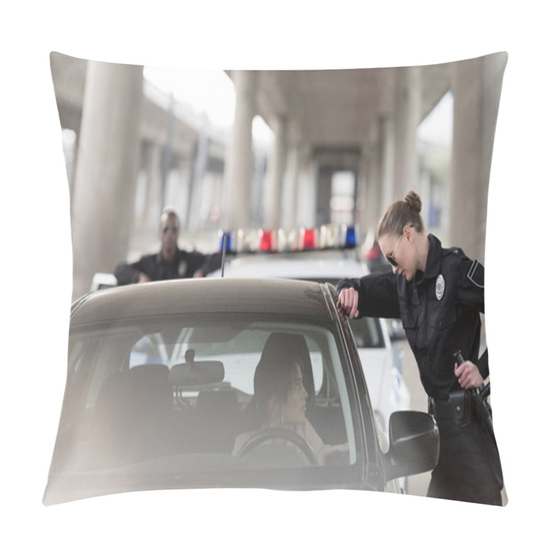 Personality  Policewoman In Sunglasses Talking To Woman Sitting In Car And Policeman Standing Behind Near Car  Pillow Covers