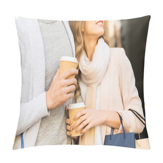 Personality  Close Up Of Couple With Shopping Bags And Coffee Pillow Covers