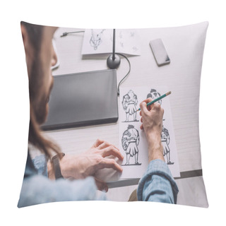 Personality  Selective Focus Of Illustrator Drawing Cartoon Sketches  Pillow Covers
