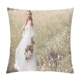 Personality  Beautiful Pensive Young Bride In Wedding Dress And Floral Wreath Holding Bouquet Of Flowers While Standing Outdoors Pillow Covers