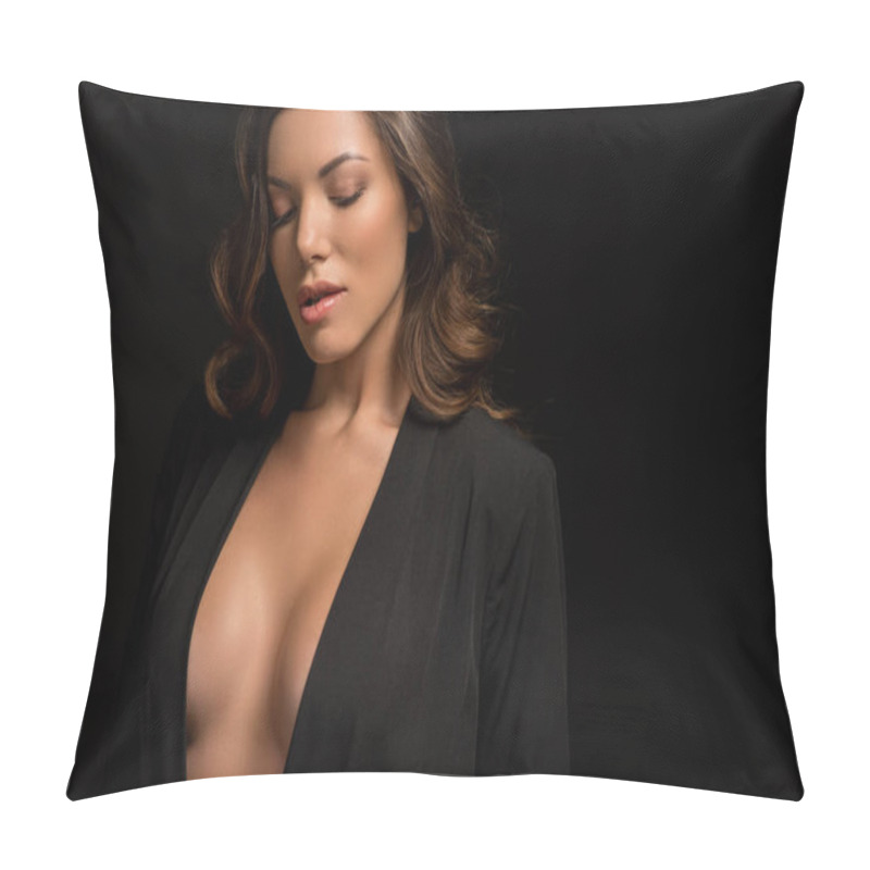 Personality  Dreamy, Sexy Girl In Black Unbuttoned Blazer Posing Isolated On Black Pillow Covers