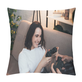 Personality  Beautiful Smiling Young Woman Sitting On Couch And Holding Joystick With Man In Living Room Pillow Covers