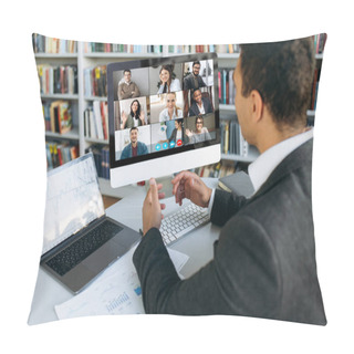 Personality  Online Video Meeting. Successful Young Adult Businessman Communicate With  Business Colleagues By Video Call Using Computer Discussing About Financial Graphs And Strategy Pillow Covers