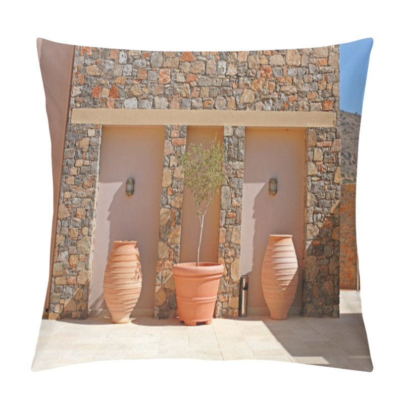 Personality  stone wall with tree terracotta pots (Greece) pillow covers