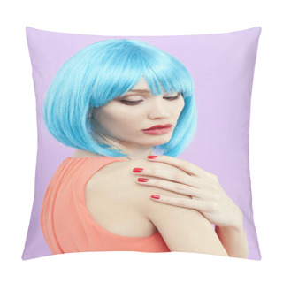 Personality  Beautiful Woman With Bob Colorful Hair. Beauty Girl With Blue Hair Style And Make-up Pillow Covers