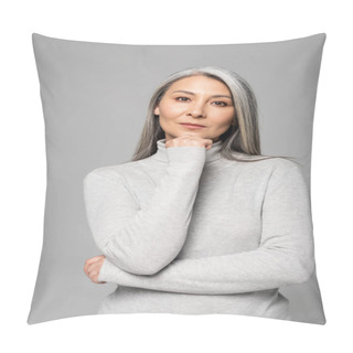 Personality  Thoughtful Asian Woman In Turtleneck With Grey Hair And Closed Eyes Isolated On Grey Pillow Covers