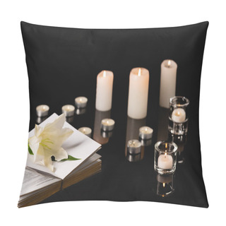Personality  Lily, Candles And Holy Bible On Black Background, Funeral Concept Pillow Covers
