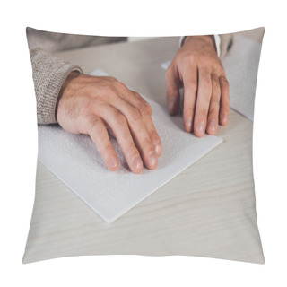 Personality  Cropped View Of Bind Man Reading Braille Font On Paper At Table Pillow Covers