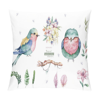 Personality  Beautiful Floral Exotic Illustration With Parrot, Tropical Leaves, Hibiscus. Isolated On White Background Pillow Covers