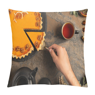 Personality  Cropped View Of Man Taking Piece Of Thanksgiving Pumpkin Pie Near Black Teapot On Rough Stone Table Pillow Covers