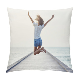 Personality  Back View Of Jumping Girl On Pier Pillow Covers