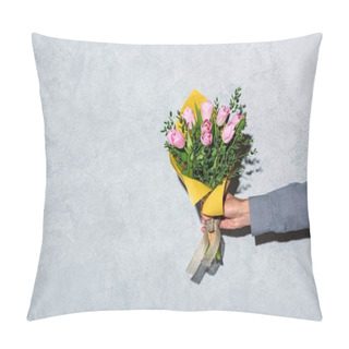 Personality  Close-up View Of Man Giving Bouquet Of Flowerson Grey Background  Pillow Covers