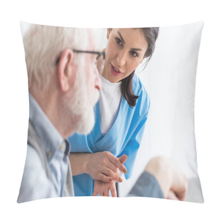 Personality  Selective Focus Of Calm Nurse Talking To Elderly Patient Pillow Covers
