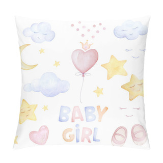 Personality  Watercolor Set. Baby Girl. Baby Shower. Kids Prints. Lettering. Clouds Sleep, Moon, Stars, Hearts, Crown, Balloons, Baby Slippers. White Background. Print Quality Pillow Covers