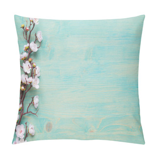 Personality  Abstract Spring Background Of Painted Blue Board With Branch Of Flowering Cherry Branch Covered With White Flowers Pillow Covers