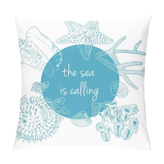 Personality  Sea Is Calling. Marine Background With Seashells, Corals And Starfish Pillow Covers