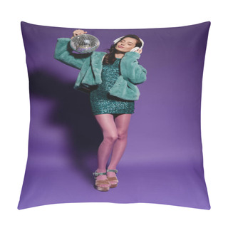Personality  Happy Woman In Party Dress Touching Headphones And Holding Disco Ball On Purple  Pillow Covers
