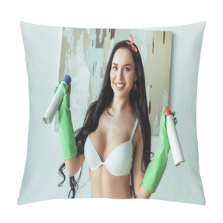 Personality  Beautiful Smiling Woman In Bra And Rubber Gloves Holding Air Fresheners At Home  Pillow Covers