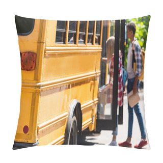 Personality  Couple Of Teen Students Walking In School Bus Pillow Covers