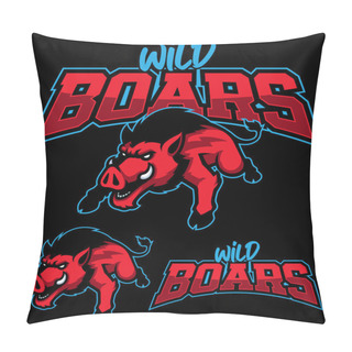 Personality  Mascot Style Illustration Of A Charging Wild Boar For The Wild Boars Sports Team, Against A Dynamic Black Background. Pillow Covers