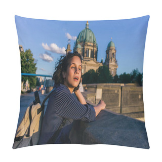 Personality  BERLIN, GERMANY - JULY 14, 2020: Surprised Young Woman With Open Mouth Near Blurred Berlin Cathedral Pillow Covers