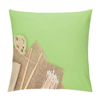 Personality  Bamboo Toothbrushes, Organic Loofah, Cotton Swabs And Brown Sackcloth On Light Green Background Pillow Covers