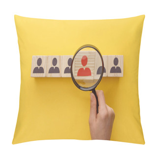 Personality  Cropped View Of Woman Holding Magnifying Glass Under Wooden Cubes With Logo On Yellow Background Pillow Covers