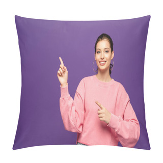 Personality  Cheerful Girl Smiling At Camera While Pointing With Fingers Isolated On Purple Pillow Covers
