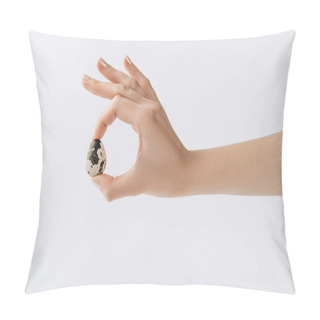 Personality  Cropped Image Of Hand Holding Quail Egg On White Background Pillow Covers