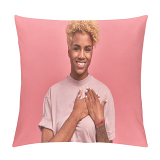 Personality  Touched Beautiful Smiling Afro American Woman Keeps Palms On Heart, Expresses Appreciation, Pleasure And Gratitude, Wears Lilac T-shirt, Girl Over Pink Background. Confession In Love Concept Pillow Covers