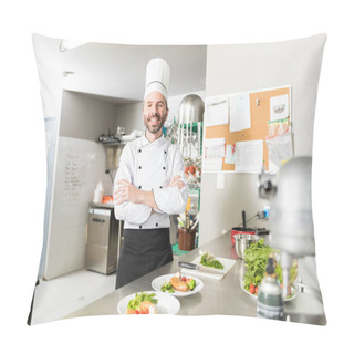 Personality  Mid Adult Chef Smiling While Crossing Arms At Kitchen Counter Pillow Covers