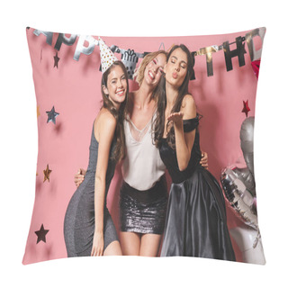 Personality  Image Of Three Caucasian Party Girls Smiling And Celebrating Bir Pillow Covers