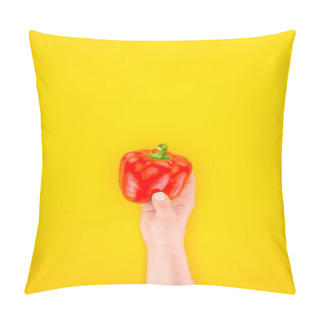 Personality  Cropped Shot Of Person Holding Fresh Raw Paprika Pepper Isolated On Yellow Pillow Covers