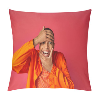 Personality  Joyful African American Guy Touching Face And Looking At Camera, Red Background, Orange Shirt Pillow Covers