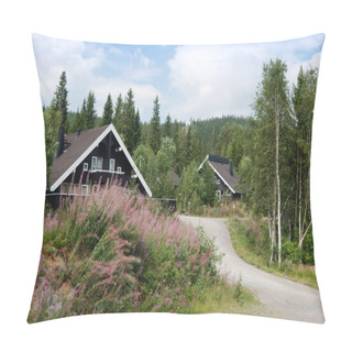 Personality  TRYSIL, NORWAY - 26 JULY 2018: Black Living Houses Near Forest At Largest Ski Resort Trysil In Norway Pillow Covers