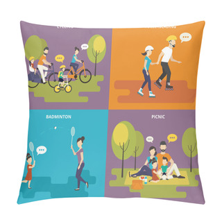 Personality  Family With Children Concept Flat Icons Set Pillow Covers