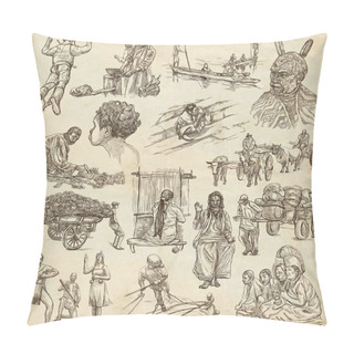 Personality  People - An Hand Drawn Pack. Collection Of Natives Around The Wo Pillow Covers
