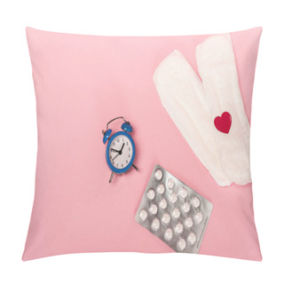 Personality  Top View Of Feminine Pads With Paper Heart, Birth Control Pills And Alarm Clock On Pink Background Pillow Covers