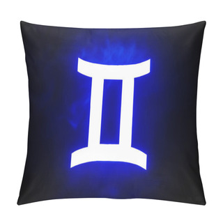 Personality  Blue Illuminated Gemini Zodiac Sign With Colorful Smoke On Background Pillow Covers