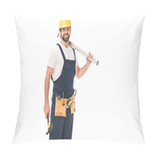 Personality  Handsome Happy Workman Holding Level Tool And Hammer, Smiling At Camera Isolated On White Pillow Covers