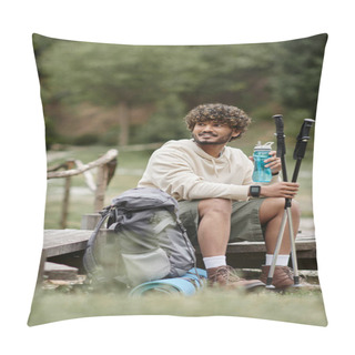 Personality  Smiling Indian Traveler Holding Trekking Poles And Sports Bottle Near Backpack In Forest Pillow Covers