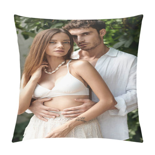 Personality  Hot Couple During Summer Vacation, Handsome Man Embracing Attractive Woman In White Beach Wear Pillow Covers