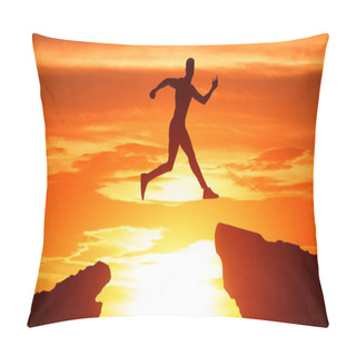 Personality  Silhouette Of Man Jump Through The Gap Between Hills Pillow Covers