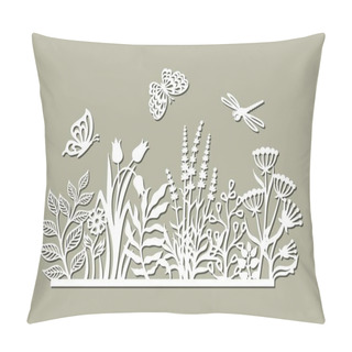 Personality  Decorative Panel With Flowers. Summer Meadow With Grass, Leaves, Buds, Herbs, Butterflies, Dragonflies. Vector Template For Plotter Laser Cutting Of Paper, Metal Engraving, Plywood, Wood Carving, Cnc. Pillow Covers