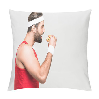 Personality  Bearded Sportsman Eating Hamburger, Isolated On White Pillow Covers