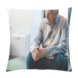 Personality  Sad Elderly Man Sitting Alone On Sofa During Self Isolation Pillow Covers